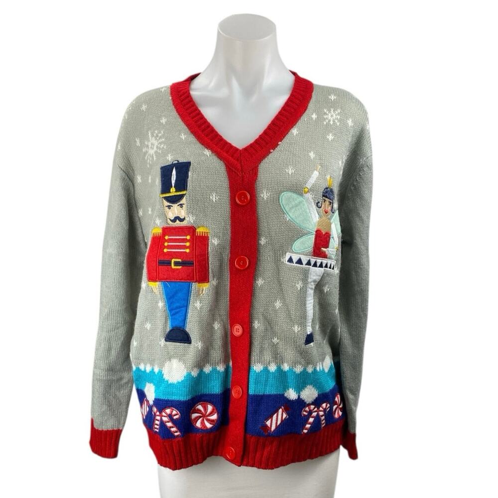Christmas Gray Nutcracker Ballerina Whimsical Holiday Cardigan Sweater Size M